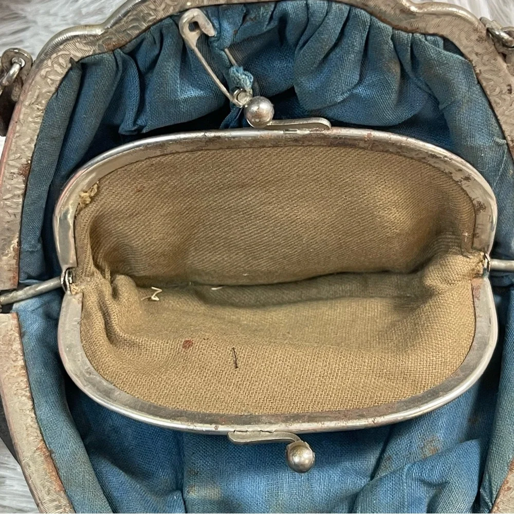 Vintage Black Leather Clutch, Silver Frame With Details, No Strap, Blue Lining
